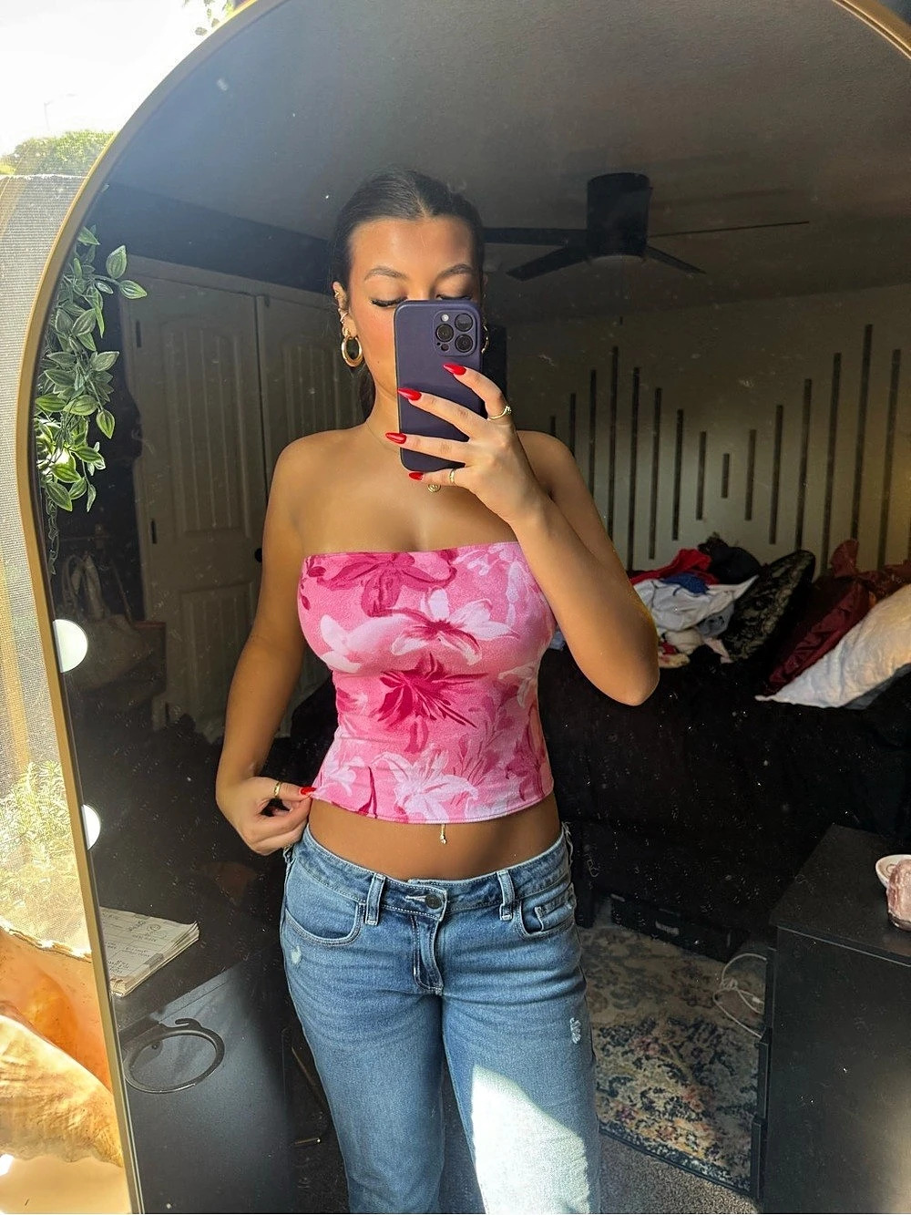 Pink Floral Strapless Tank Top